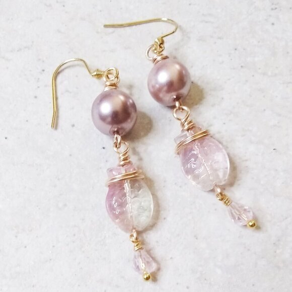 Pale Pink Sea Goddess Earrings ~ Crystals, Fish & Pearls! Sensual Femininity - Picture 3 of 9